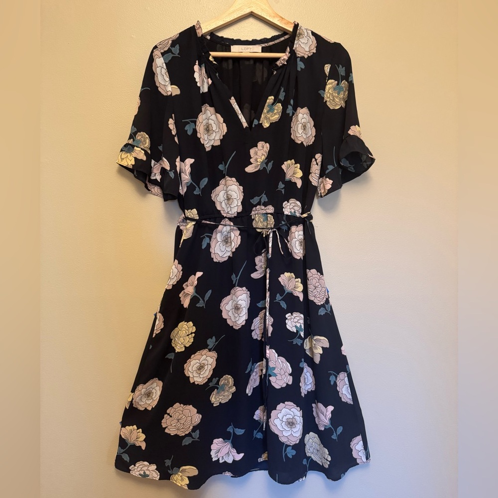 LOFT Black Floral Midi Dress, Size M